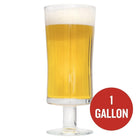 Tall glass of Saison au Miel homebrew with a red circle containing 