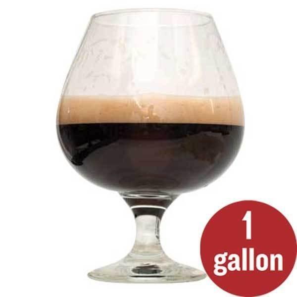 Bourbon Barrel Porter homebrew in a glass with "1 gallon" text in a red circle