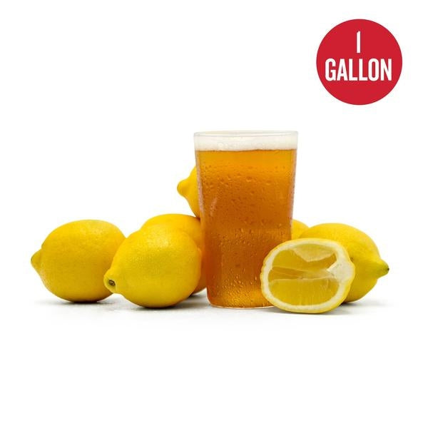 Summer Squeeze Lemon Shandy in a drinking glass surrounded by lemons with a red circle containing the text "1-gallon"