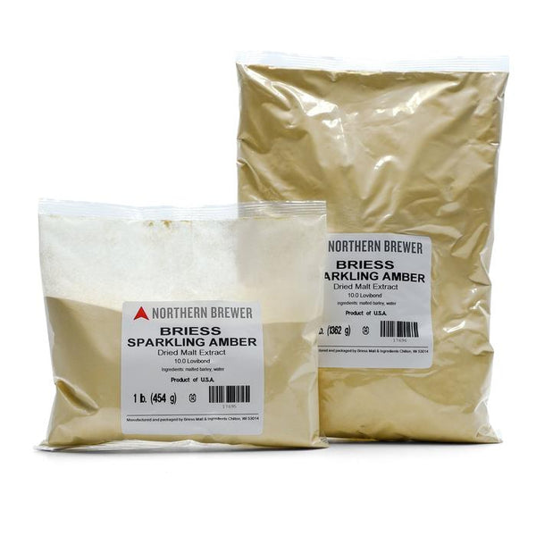 1-pound and bigger-pound bags of Sparkling Amber Briess Dry Malt Extract