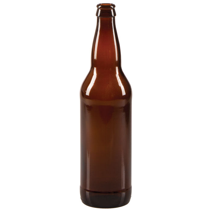 An amber glass 22 ounce beer bottle