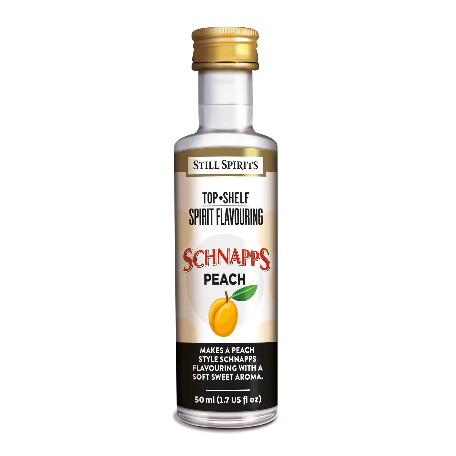 Bottle of Still Spirits Top Shelf Peach Schnapps Flavoring.