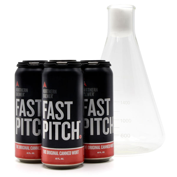 Fast Pitch® canned worts next to a 2000-milliliter flask