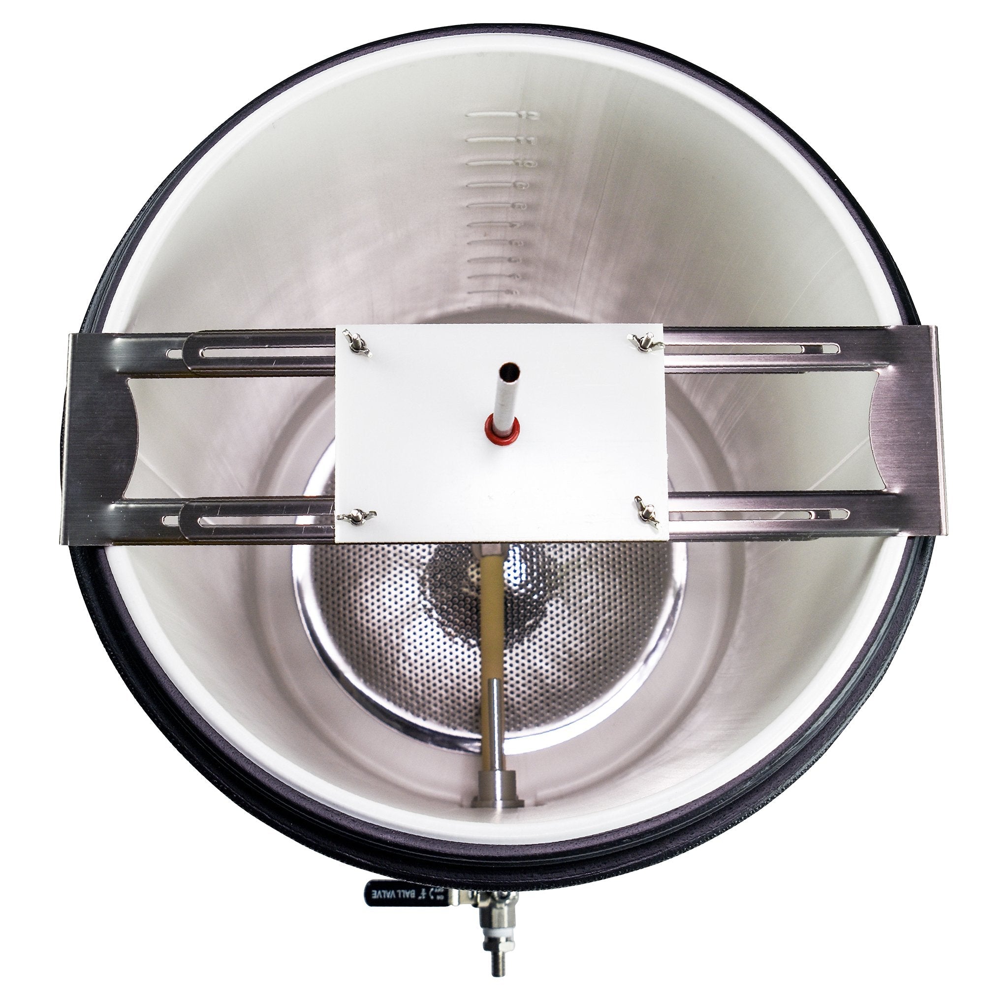 Top-down view into the mash tun, showing off the sparge arm