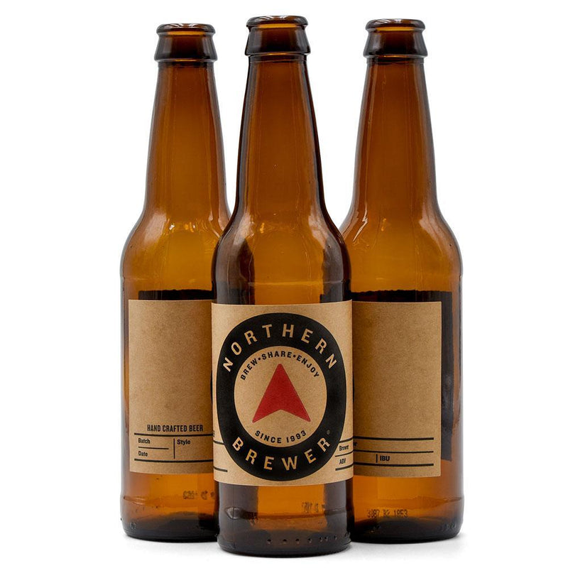 Three beer bottles with customizable labels on them.