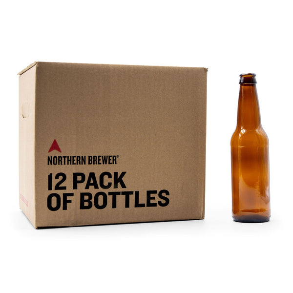 12 Pack of Bottles in a box, with an amber glass bottle standing on display
