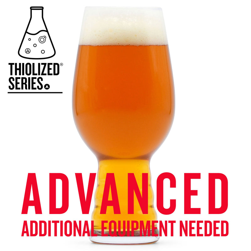 A glass filled with Swig of Sunbeams with a customer caution in red text: "Advanced, additional equipment needed" to brew this recipe kit