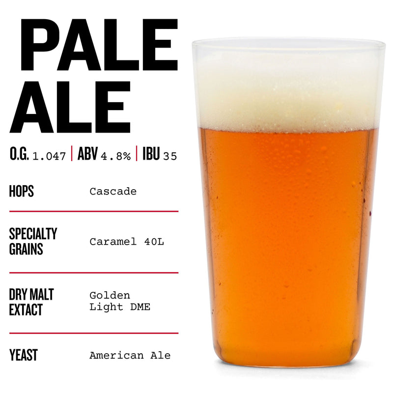 Pale ale in a glass with ingredients listed