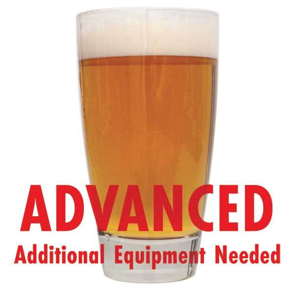 Drinking glass filled with Zombie Dirt Pale Ale with a customer caution in red text: "Advanced, additional equipment needed" to brew this recipe kit