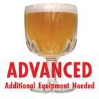 Belgian Tripel homebrew in a goblet with a customer caution in red text: "Advanced, additional equipment needed" to brew this recipe kit