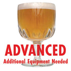 Belgian Tripel homebrew in a goblet with a customer caution in red text: 