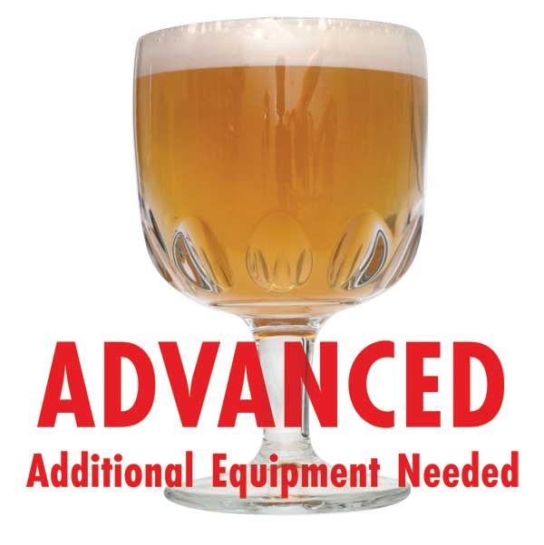 Belgian Tripel homebrew in a goblet with a customer caution in red text: "Advanced, additional equipment needed" to brew this recipe kit