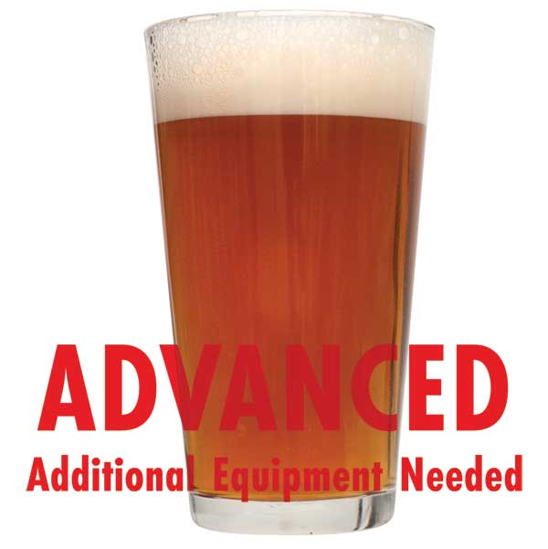 Irish Red homebrew in a glass with a customer caution in red text: "Advanced, additional equipment needed" to brew this recipe kit