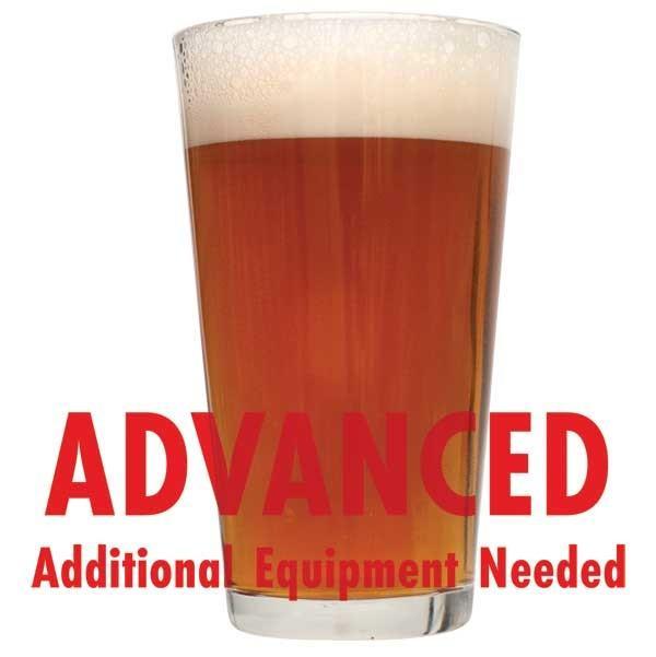 West Coast Radical Red Ale in a glass with a customer caution in red text: "Advanced, additional equipment needed" to brew this recipe kit