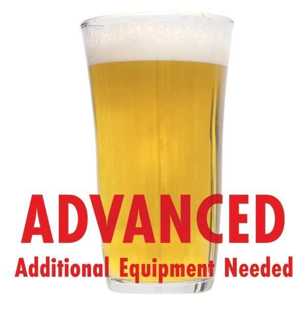 Patersbier homebrew in a glass with an All-Grain caution in red text: "Advanced, additional equipment needed"