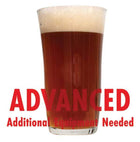 A drinking glass filled with Roggenbier with a customer caution in red text: 