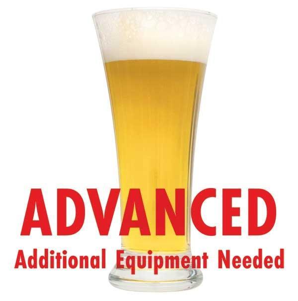 Witbier homebrew in a tall drinking glass with a customer caution in red text: "Advanced, additional equipment needed" to brew this recipe kit