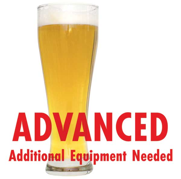 Honey Weizen in a drinking glass with a customer caution in red text: "Advanced, additional equipment needed" to brew this recipe kit