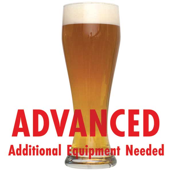 Raspberry Wheat in a glass with a customer caution in red text: "Advanced, additional equipment needed" to brew this recipe kit