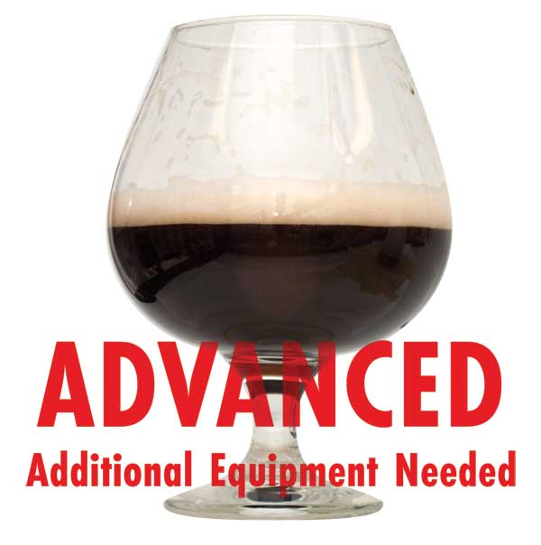 Imperial Stout in a drinking glass with a customer caution in red text: "Advanced, additional equipment needed" to brew this recipe kit