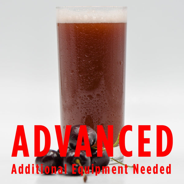 Funktional Fruit Sour Cherry homebrew in a glass with an All-Grain caution in red text: "Advanced, additional equipment needed" Sour Cherry Funktional Fruit Sour All Grain Recipe