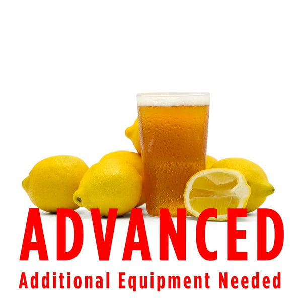 Summer Squeeze Lemon Shandy in a glass surrounded by lemons with a customer caution in red text: "Advanced, additional equipment needed" to brew this recipe kit