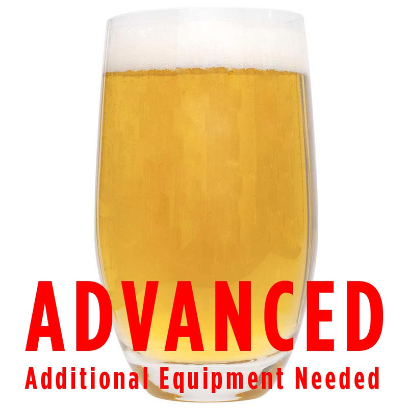 Houblonmonstre ipa homebrew in a drinking glass with a customer caution in red text: "Advanced, additional equipment needed" to brew this recipe kit