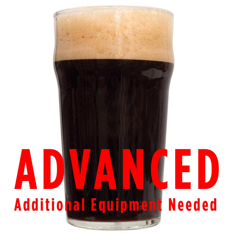 smoke bomb chipotle porter in a glass with a customer caution in red text: "Advanced, additional equipment needed" to brew this recipe kit