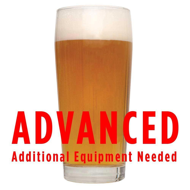 Fruit Stand Wheat homebrew in a glass with an All-Grain caution: "Advanced, additional equipment needed"