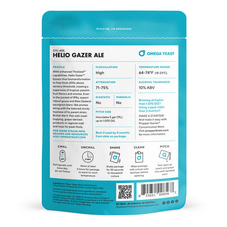Back side of Omega Yeast OYL-405 Helio Gazer Yeast Package