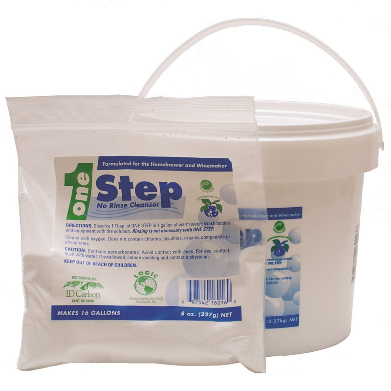 One Step Cleaner in a pouch, in front of a bucket container of the same thing