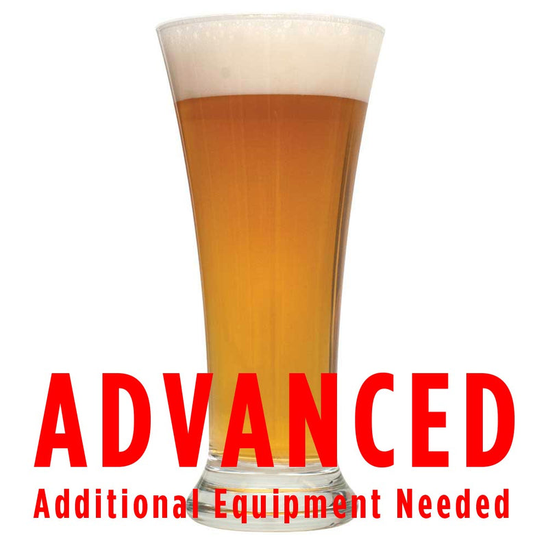 A tall glass of bloodthirsty blood orange saison with a customer caution in red text: "Advanced, additional equipment needed" to brew this recipe kit