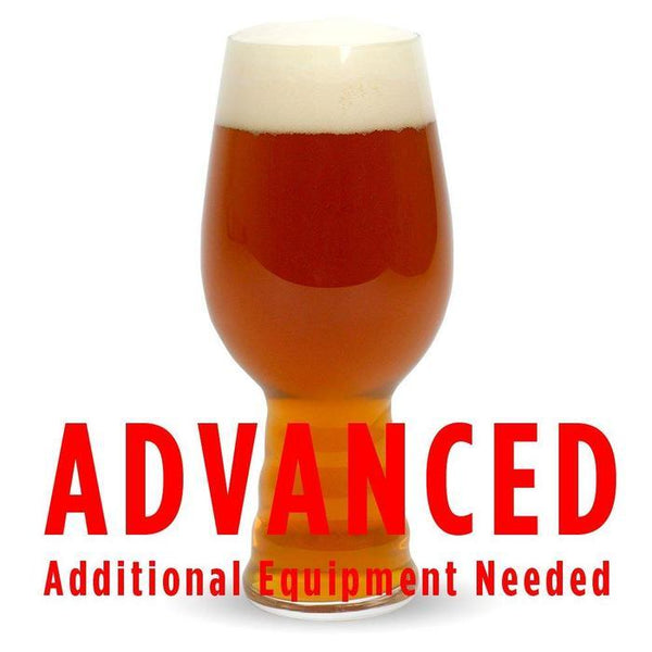 A glass filled with Plinian Legacy IIPA with a customer caution in red text: "Advanced, additional equipment needed" to brew this recipe kit