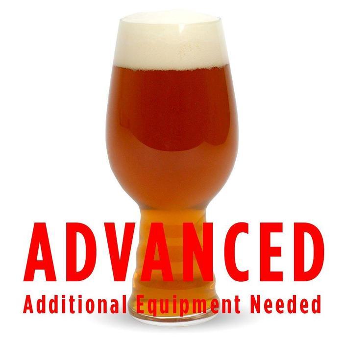 A glass filled with Plinian Legacy IIPA with a customer caution in red text: "Advanced, additional equipment needed" to brew this recipe kit