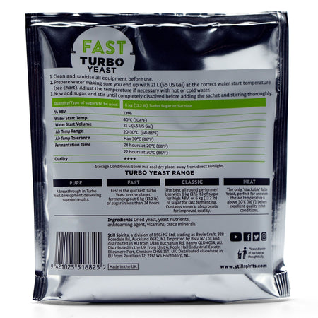 Still Spirits 24 Hour Turbo Yeast sachet's backside