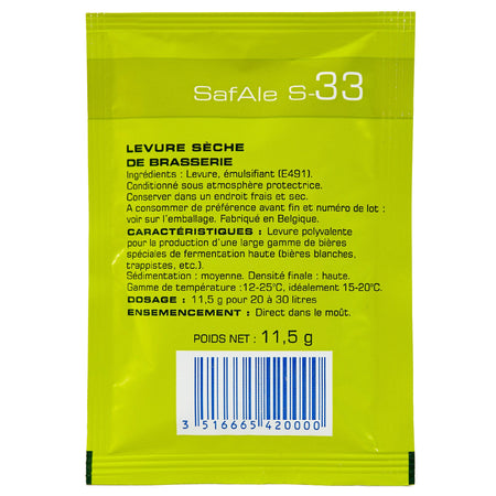 SafAle S-33 Ale Dry Yeast sachet's backview