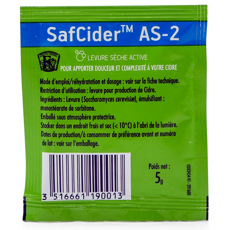 Backside of SafCider™ AS-2 Dry Yeast (5g) packet