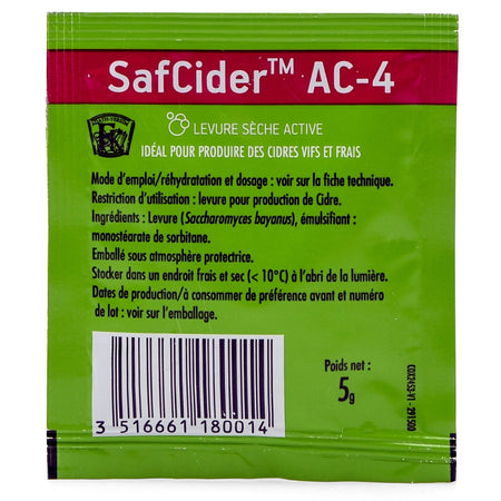 Backside of SafCider™ AC-4 Dry Yeast (5g) packet.