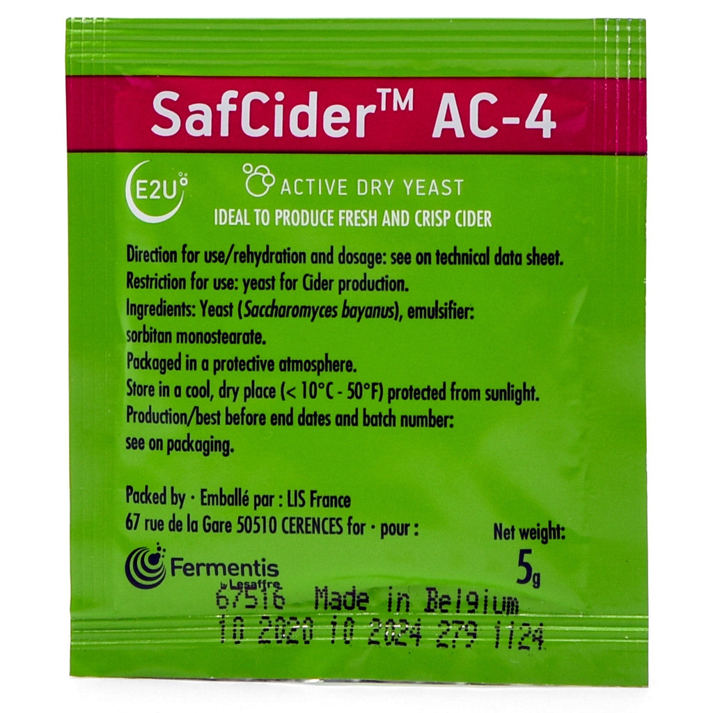 Frontside of SafCider™ AC-4 Dry Yeast (5g) packet.