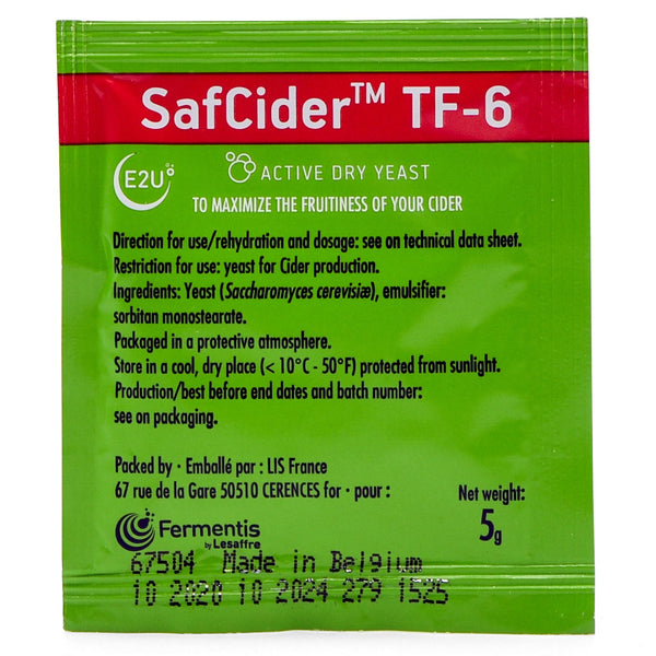 Frontside of SafCider™ TF-6 Dry Yeast (5g) packet.