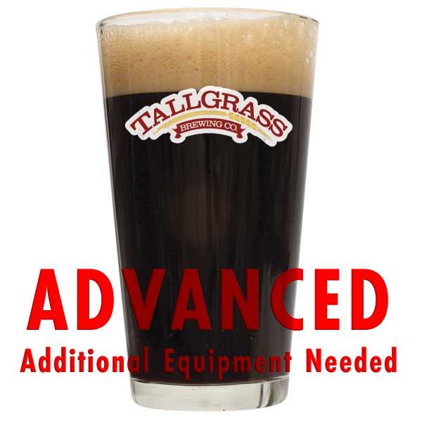 Tallgrass Buffalo Sweat Stout in a glass with a customer caution in red text: "Advanced, additional equipment needed" to brew this recipe kit