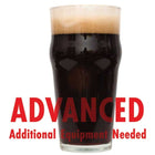 Oatmeal Stout homebrew in a glass with a customer caution in red text: 