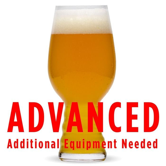 Fruit Bazooka New England IPA homebrew in a glass with a customer caution in red text: "Advanced, additional equipment needed" to brew this recipe kit