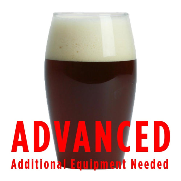 Elegant Bastard American Strong Ale homebrew in a glass with a customer caution in red text: "Advanced, additional equipment needed" to brew this recipe kit
