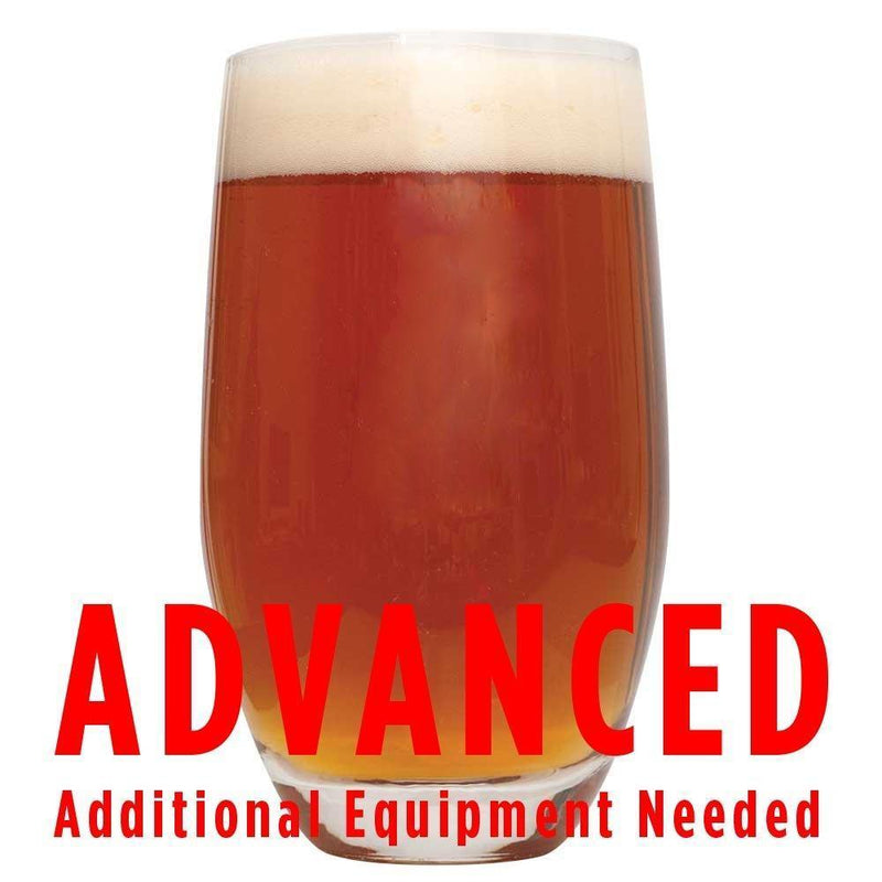 Smashing Pumpkin Ale in a glass with a customer caution in red text: "Advanced, additional equipment needed" to brew this recipe kit