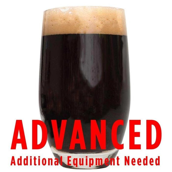 Dragon's Silk Imperial Stout homebrew in a glass with a customer caution in red text: "Advanced, additional equipment needed" to brew this recipe kit