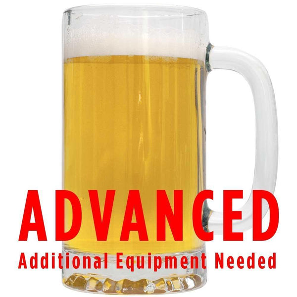 American Wheat homebrew in a glass with an All Grain warning: "Advanced, additional equipment required"