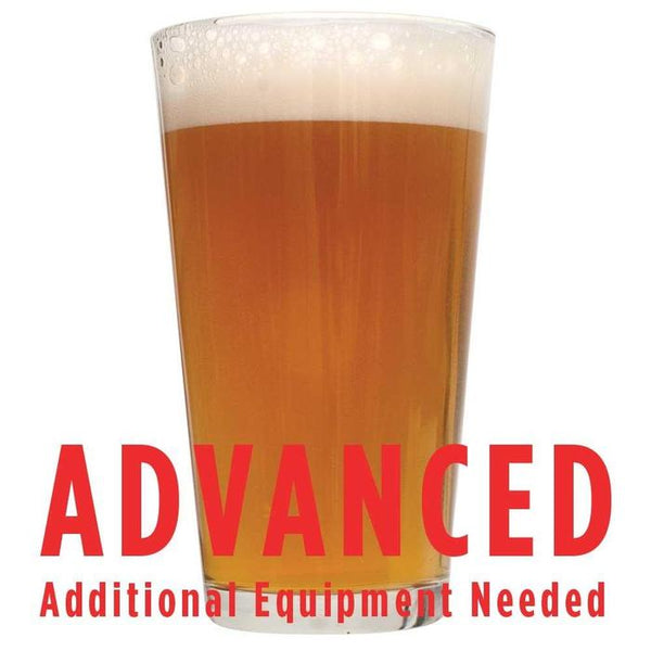 Tangerine Ravine Pale Ale in a glass with a customer caution in red text: "Advanced, additional equipment needed" to brew this recipe kit