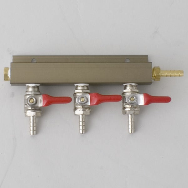 3 Way CO2 Gas Manifold, 1/4" Barbed Shutoff Valve