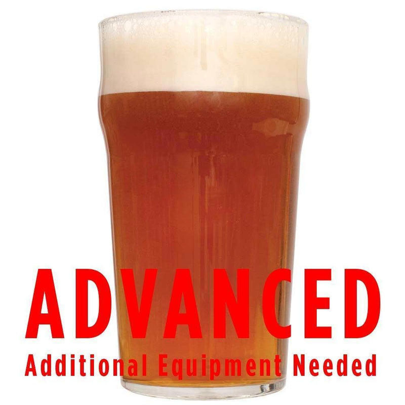 RyePA homebrew in a glass with a customer caution in red text: "Advanced, additional equipment needed" to brew this recipe kit